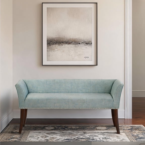 Entryway Teal Upholstered Accent Bench with Flared Arms, Nailhead Trim, and Herringbone Fabric