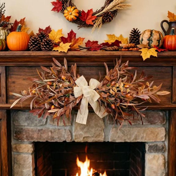 Entryway Wall Decor Bow Wall Decor 24 Inch Artificial Olive Garland Fall Leaf Wall Hanging Decor Brown Burlap Bow WreathforAutumn Home Decor Single Pack