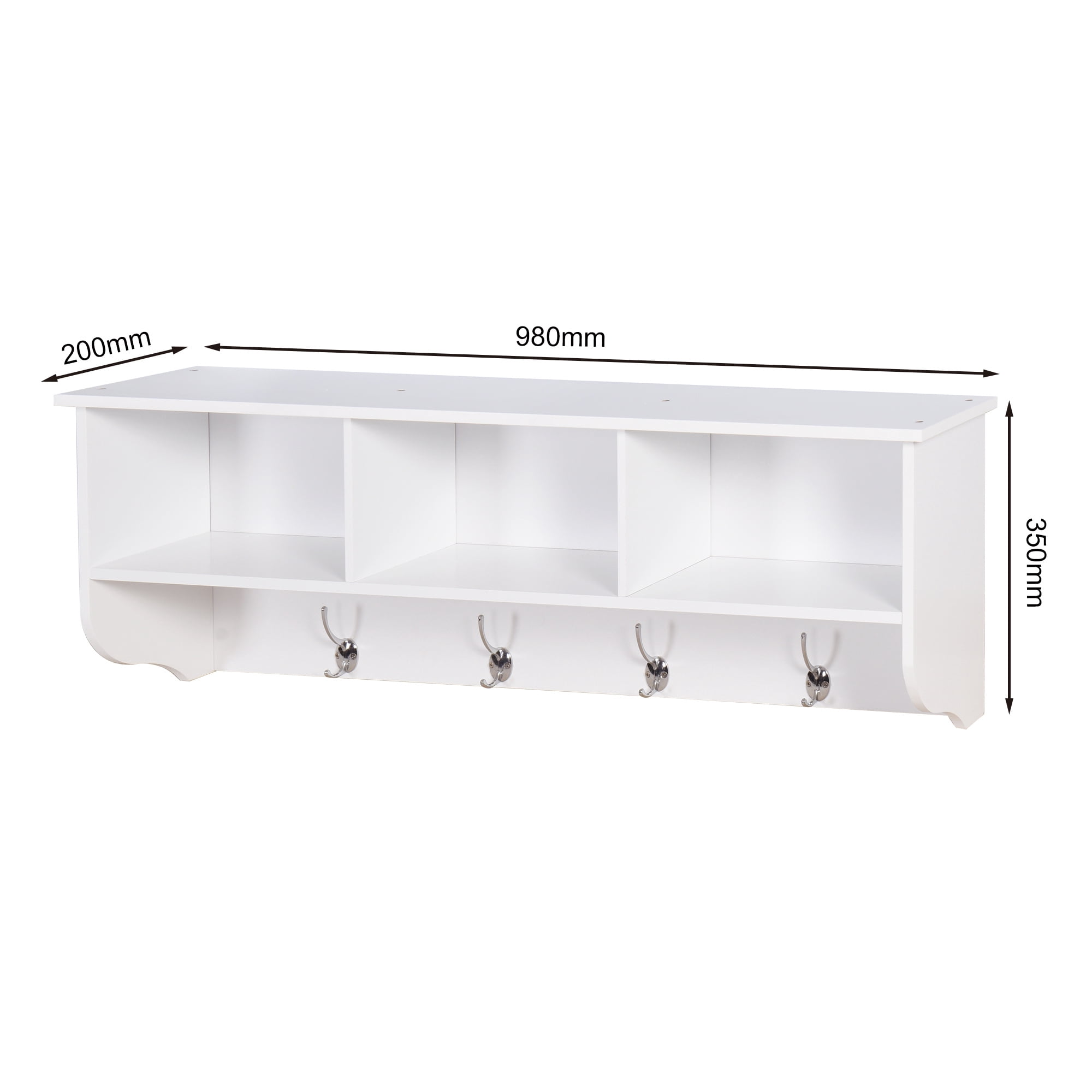 White Entryway Wall Mounted Coat Rack with 4 Dual Hooks - Modern Wooden Storage Shelf