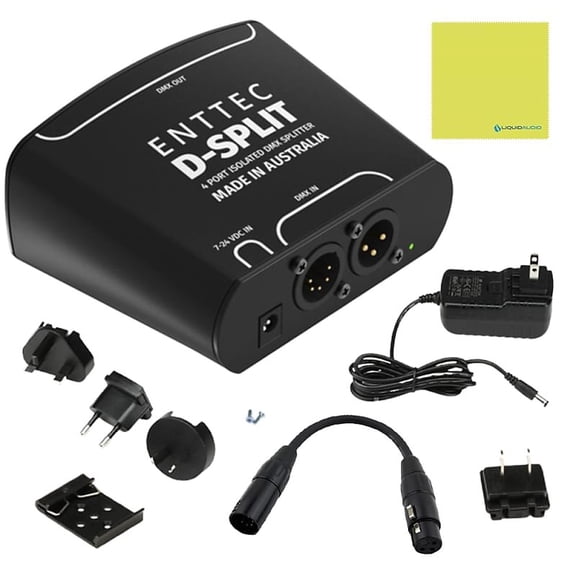Enttec D-Split 70579 DMX 4 Port Isolated Splitter / Isolator 5-Pin Bundle w/DMX Adapter 5 PinM to 3 PinF XLR and Liquid Audio Polishing Cloth