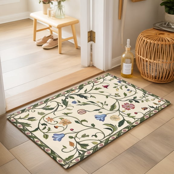 Entwined Vine Washable Small Entryway Area Rugs 2'x3', Vintage Rustic Floral Yellow Blue Flower Green Leaf Washable Throw Rug Non-Slip Sturdy Edge Binding Carpet for Front Door Floor Room Entry