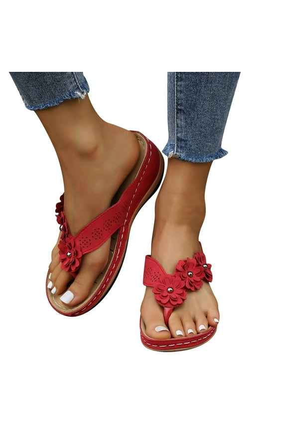 Entyiena Flat Sandals for Women Dressy Comfort Elastic Strap Rhinestone Open Toe Slip-On Casual Walking Sandals,Red 10