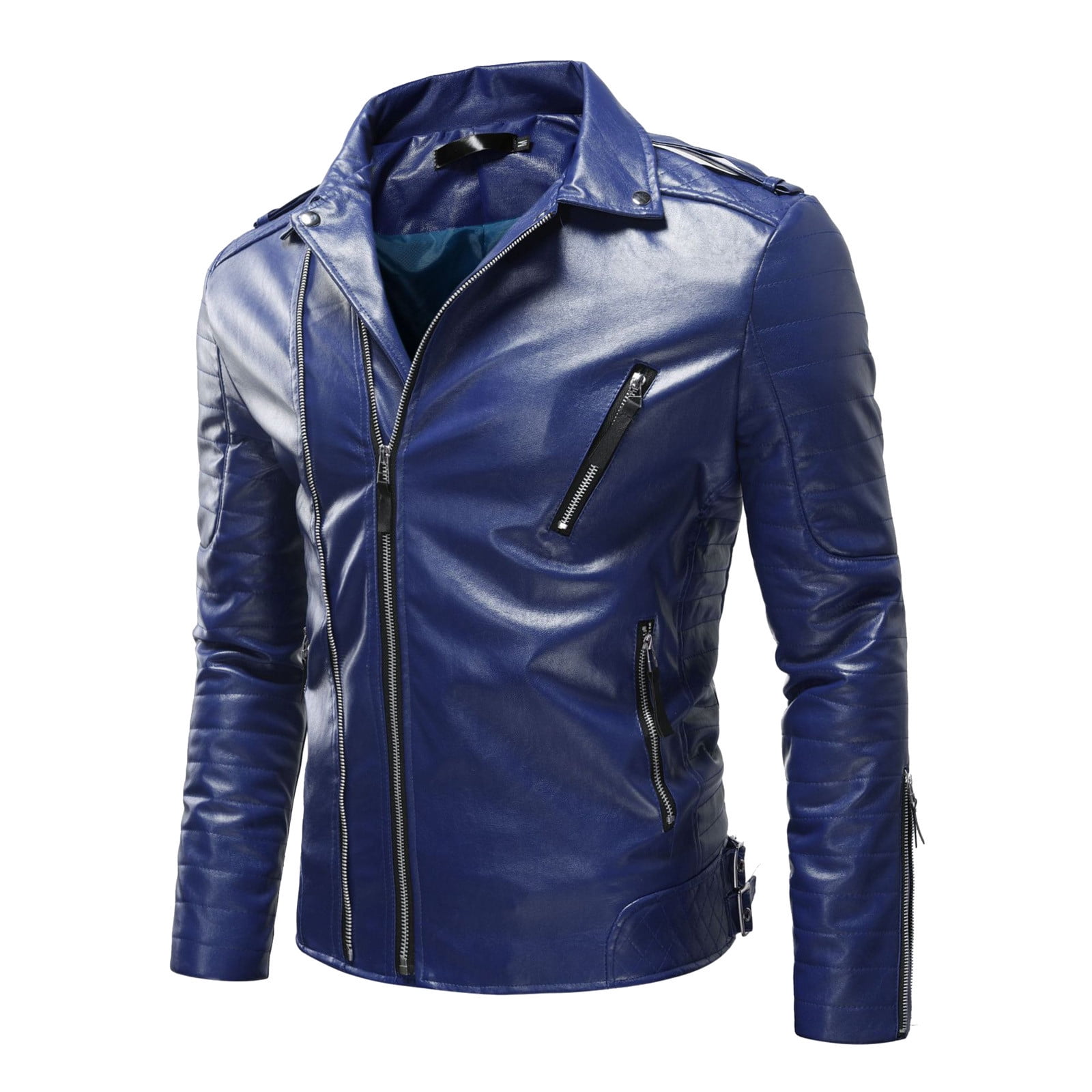 Entyinea Aviator Jacket Men Classic Zip Up Bomber Leather Jackets,Blue ...