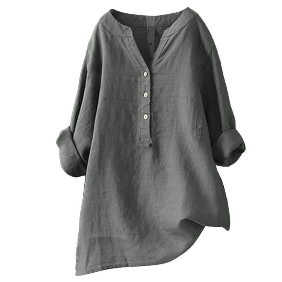 Entyinea Cotton Linen Shirts for Women 2024 Buttons V Neck Long Sleeve Tops Trendy Dressy Blouses Casual Loose Comfy Tunic Tops (Gray,XXL)
