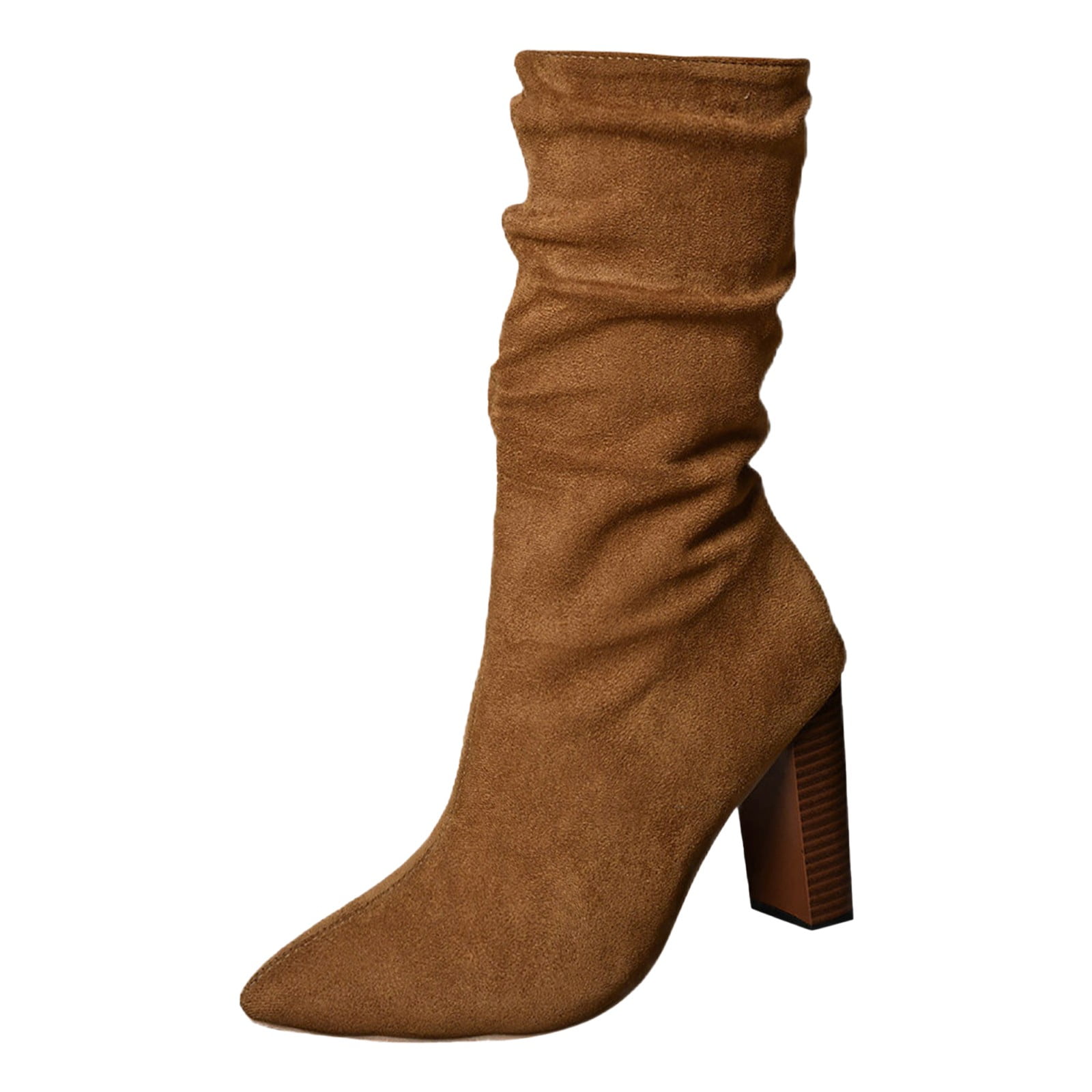 Entyinea Extra Wide Calf Boots Heel Pointed Toe Slouch Riding Boots,Brown 38