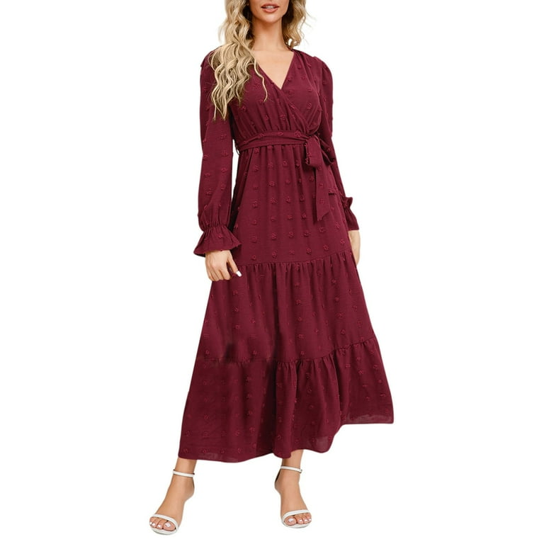 Entyinea Free People Dress Dupes Deep V Neck Ruffle Long Sleeve Solid Color Mini Dress Red M Walmart