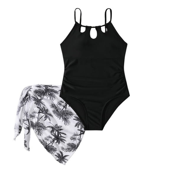 Entyinea Girl's 2 Piece Swimsuits Bow Print One Piece Swimsuits Cute Swimwear Bathing Suit with Cover Up Skirts Beachwear Black for 12-13 Years