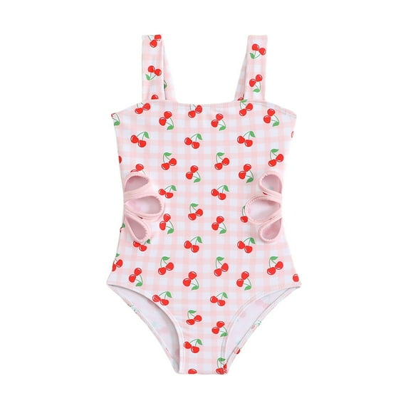 Entyinea Girl's Tankini Swimsuits Cherry Gingham Printed One Piece Cut Out Checkered Bathing Suit One-Pieces Swimwear Red for 4-5 Years