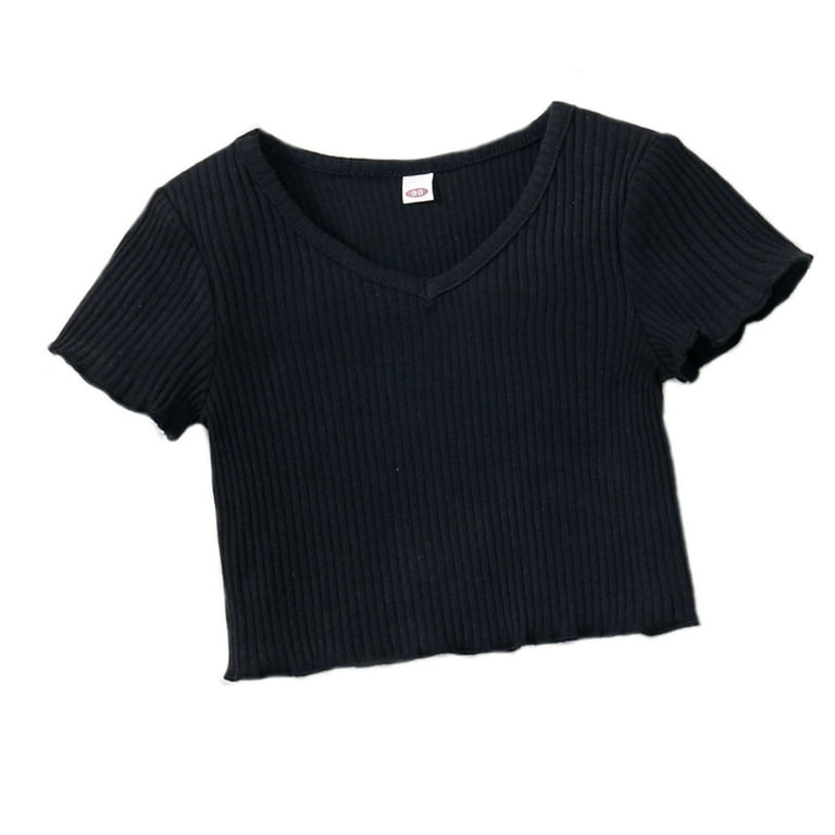 Entyinea Girls Shirts And Tops 2023 Dance Crop Top Kids Plain Short Sleeve  T-Shirt Black 120