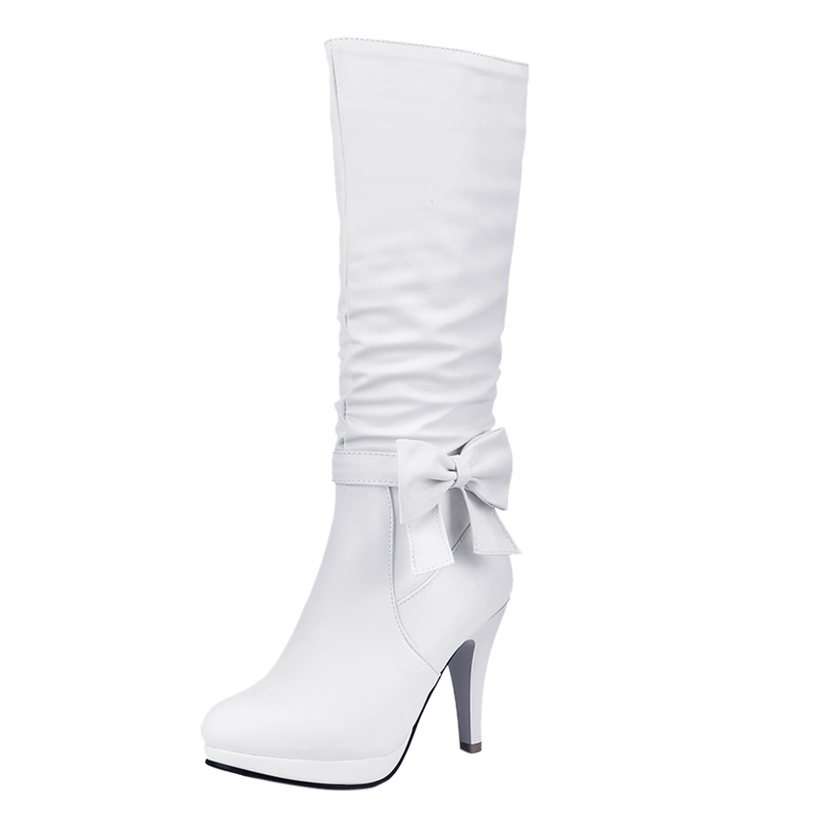 Entyinea High Boots for Women Side Zipper Heel Cowgirl Boots,White 39