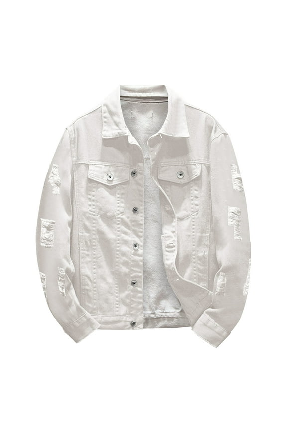 Jean Jacket for Men Casual Long Sleeve Jean Jacket Boyfriend Distressed Shacket with Pockets White L