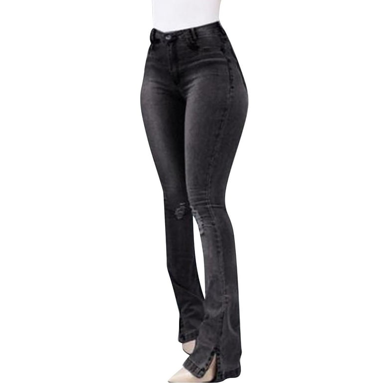 Entyinea Flare Jeans For Women,Casual High Waist Ripped Bell Bottom Jeans  Black M 