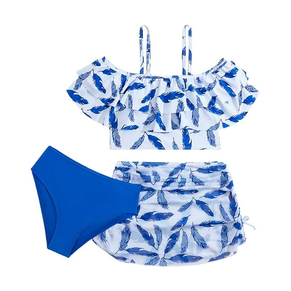 Entyinea Kids Girl Hawaiia Swimsuit Cover Up 3 Piec Tree Printed Bikinis Baby Cute Swim Suits Summer Clothes Baby Beach Swimwear Blue for 8-9 Years