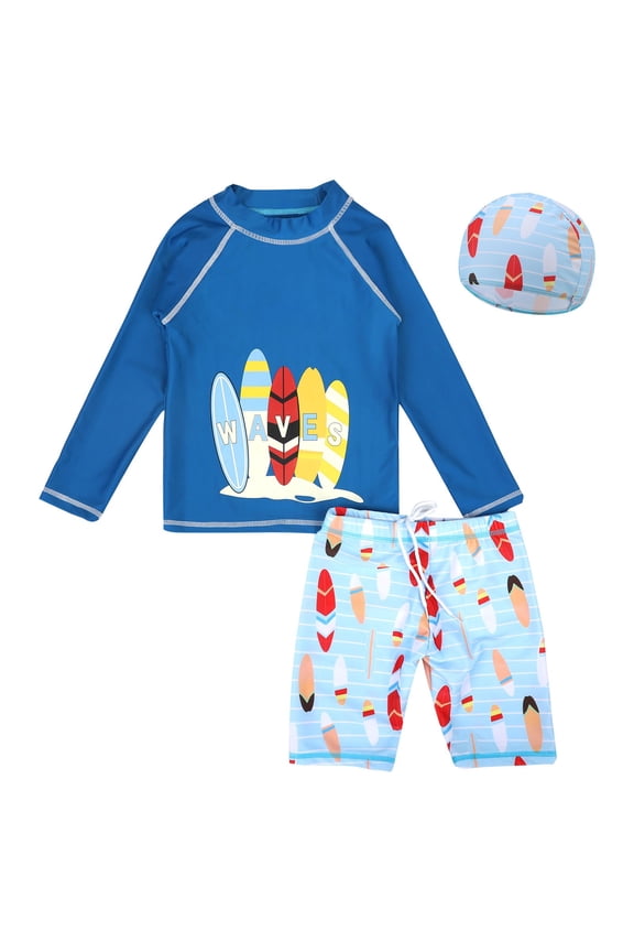 Kids Rash Guard Set Boys Long Sleeve Swim Trunks and Swim Shirt Sets Two Piece Swimsuits,Blue 5-6 Years