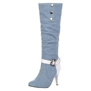 Entyinea Knee High Leather Boots Wide Calf Low Heel Round Toe Zipper Knee High Riding Boots,Light Blue 39