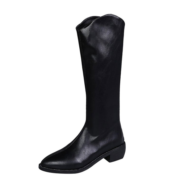 Entyinea Leather Boots for Women Knee High Wide Width Round Toe Blocked Heel Winter Tall Boots Black 39 Walmart