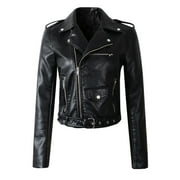 Entyinea Leather Jacket Women Zip Up Motorcycle Short PU Moto Biker Outwear Fitted Slim Coat,Black 3XL