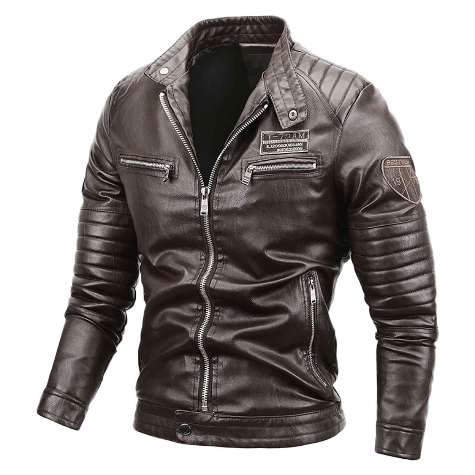 Entyinea Leather Jacket for Man Casual Baseball Stand Collar Slim Fit