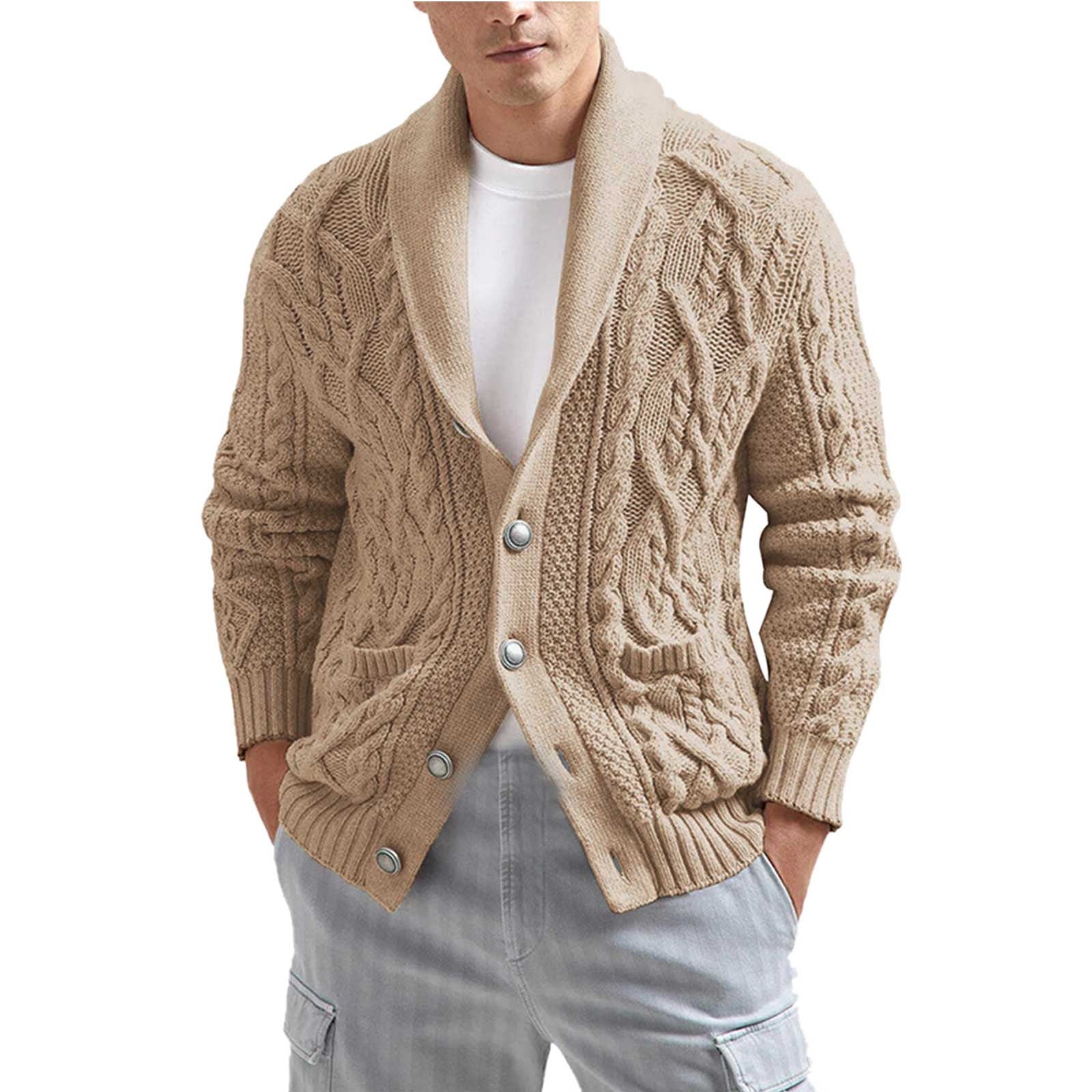 Entyinea Men Winter Sweater Cable Knit Cardigan Male Sweater XXL Khaki