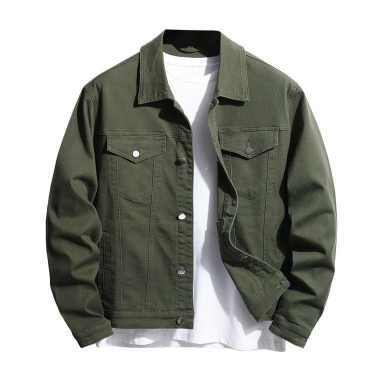 Entyinea Men s Cotton Denim Jacket Distressed Jean Jackets Button Up Vintage Frayed Hem Pockets Jacket Green M Walmart
