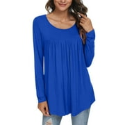 Entyinea Plus Size Workout Shirts for Women V Neck Long Sleeve Plain Tops Blouses Blue XL