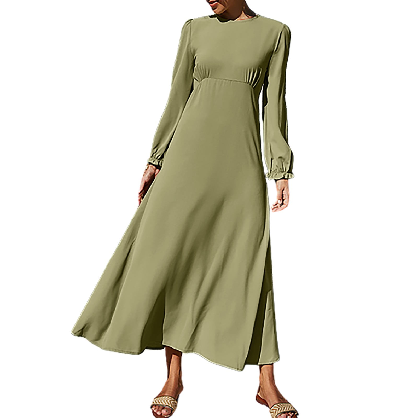 Entyinea Plus Size formal Dresses Long Sleeve V Neck Swiss Dots Maxi