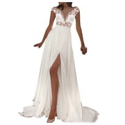 Entyinea Pretty Garden Dresses Women Deep V Neck Split Party Formal Bridesmaid Maxi Dress,White S