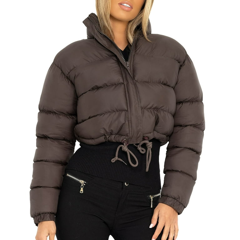 Entyinea Puffer Jacket for Women Oversized Zip-Up Quilted Puffy Bubble Short Coat Coffee S