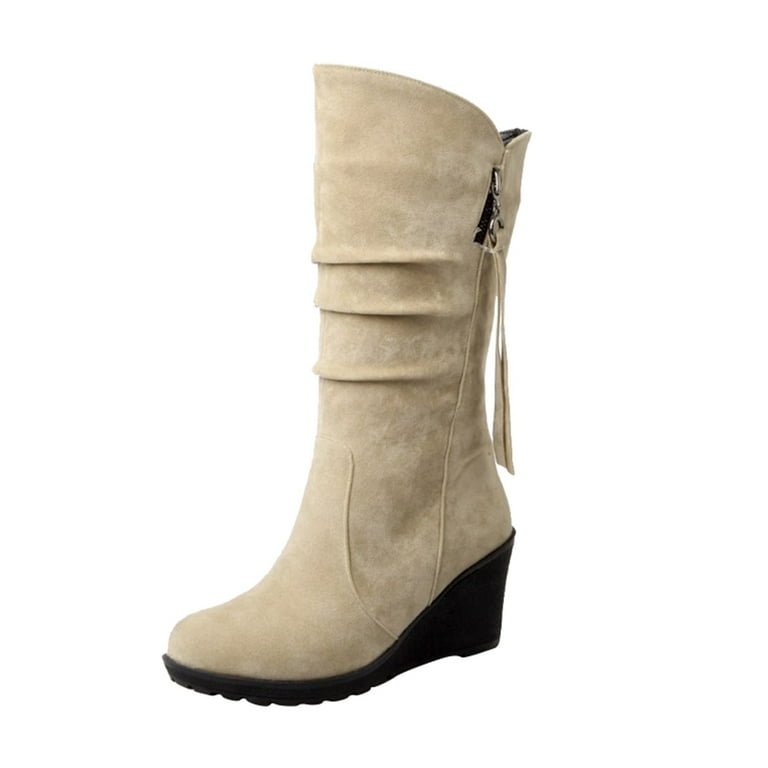 Entyinea Snow Boots for Women Fashion Low Heel Zipper Slouchy Mid