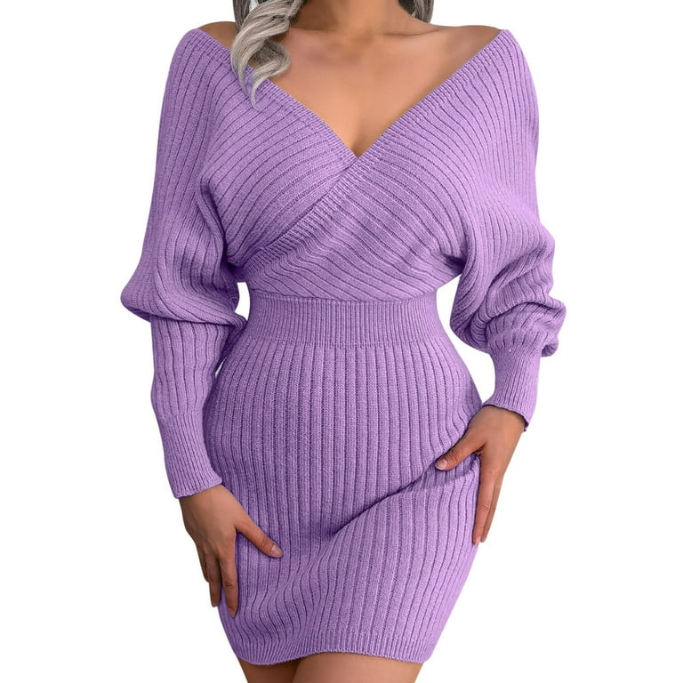 Entyinea Sweater Dress for Women V Neck Long Sleeve Ribbed Knit