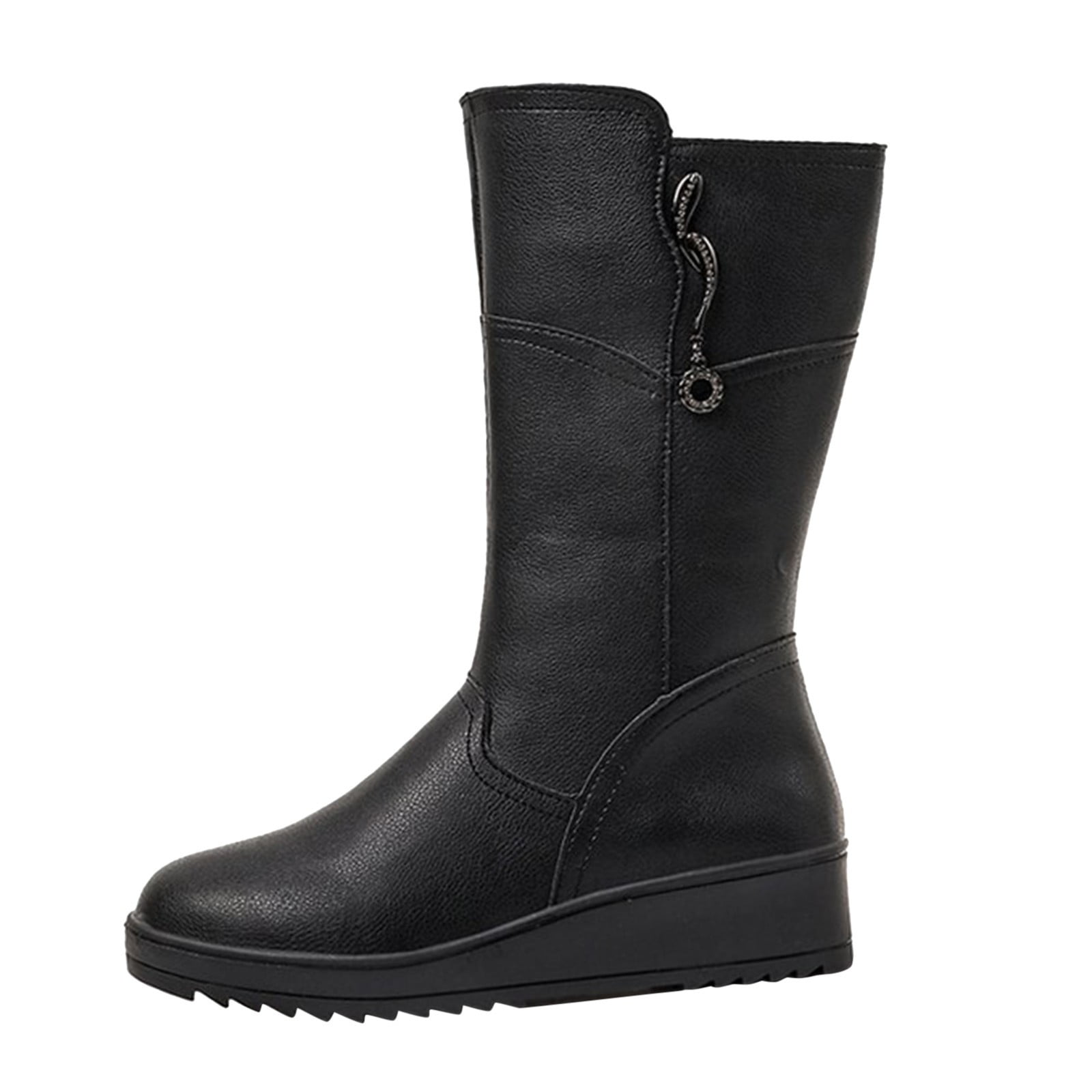 Entyinea Ugg Boots for Women Platform Mid Calf Boots Round Toe Lug Sole Booties with Side Zipper Black 38 Walmart