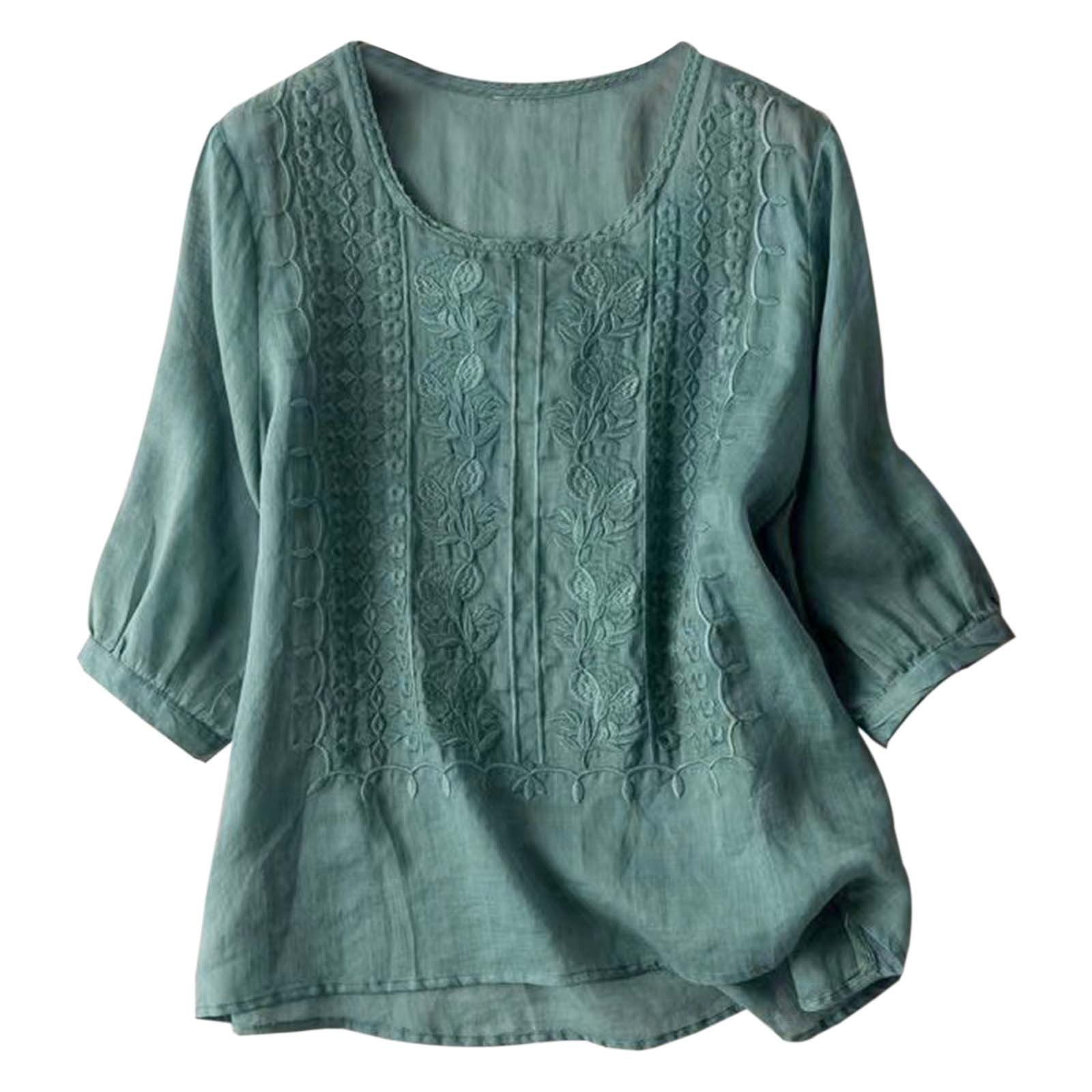 Entyinea Women Cotton Linen Embroidered Tops Loose Fit Tunic 3/4 Sleeve ...