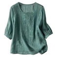 thumbnail image 1 of Entyinea Women Cotton Linen Embroidered Tops Loose Fit Tunic 3/4 Sleeve Summer Blouse Shirts Boho Peasant Trendy Clothes 2024 (Blue,XXL), 1 of 3