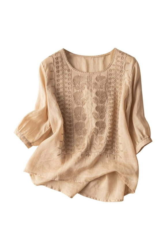 Women Cotton Linen Embroidered Tops Loose Fit Tunic 3/4 Sleeve Summer Blouse Shirts Boho Peasant Trendy Clothes 2024 (Khaki,L)