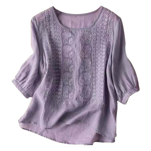 Entyinea Women Cotton Linen Embroidered Tops Loose Fit Tunic 3/4 Sleeve Summer Blouse Shirts Boho Peasant Trendy Clothes 2024 (Purple,XL)