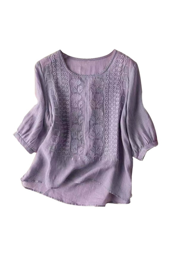 Women Cotton Linen Embroidered Tops Loose Fit Tunic 3/4 Sleeve Summer Blouse Shirts Boho Peasant Trendy Clothes 2024 (Purple,XL)