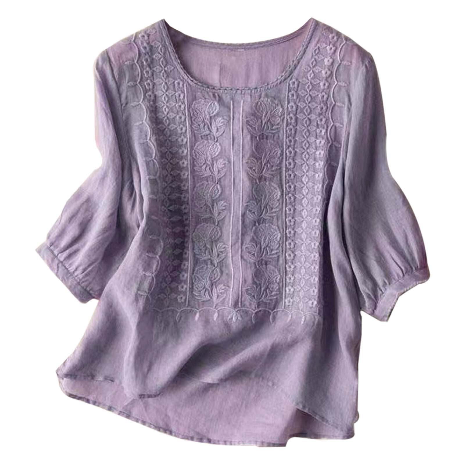 Entyinea Women Cotton Linen Embroidered Tops Loose Fit Tunic 3/4 Sleeve ...