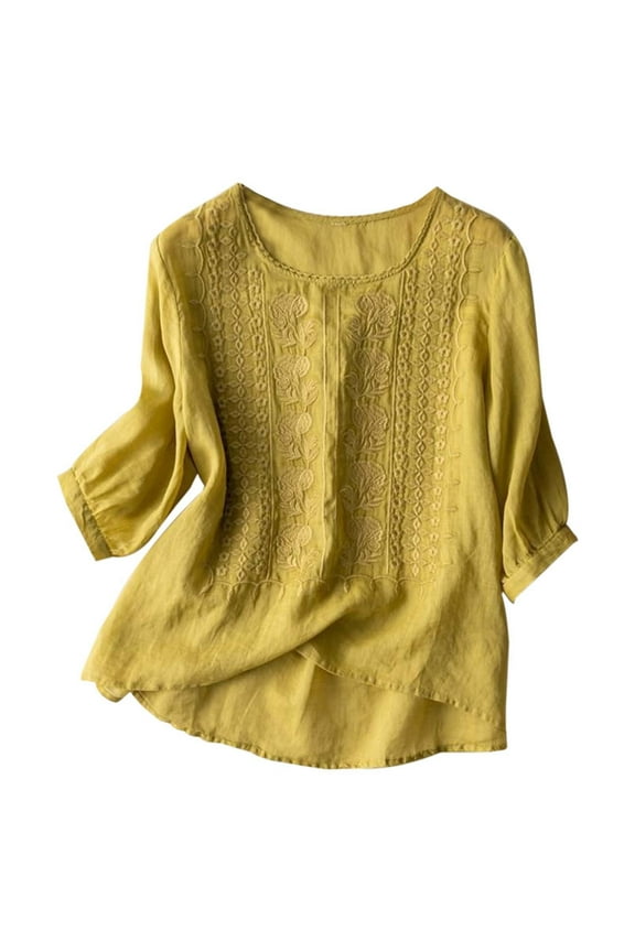 Women Cotton Linen Embroidered Tops Loose Fit Tunic 3/4 Sleeve Summer Blouse Shirts Boho Peasant Trendy Clothes 2024 (Yellow,XL)