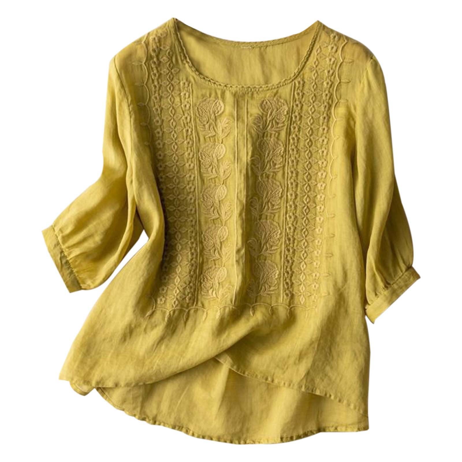 Entyinea Women Cotton Linen Embroidered Tops Loose Fit Tunic 3/4 Sleeve ...