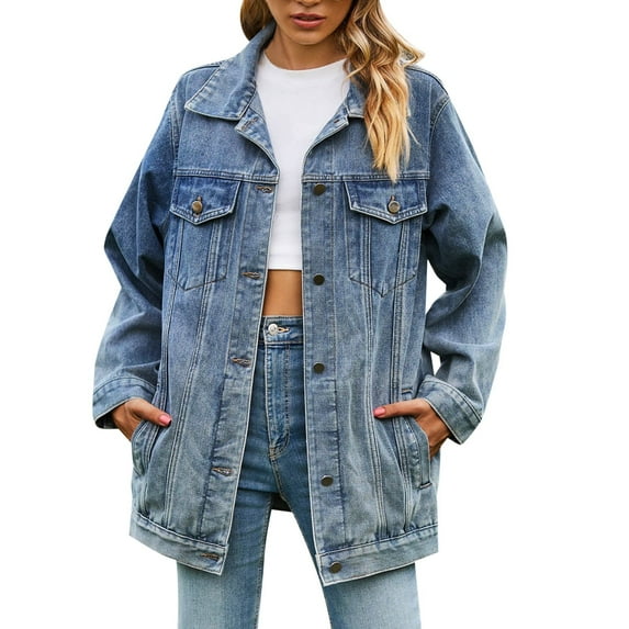 Entyinea Women Denim Jacket Distressed Frayed Denim Jacket Ripped Stretchy Jacket With Pockets Blue L