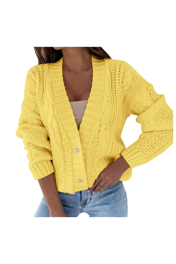 Women's Knit Cardigan Sweater Crochet Cover Up Open Front Long Sleeve Sweaters Cardigans Yellow