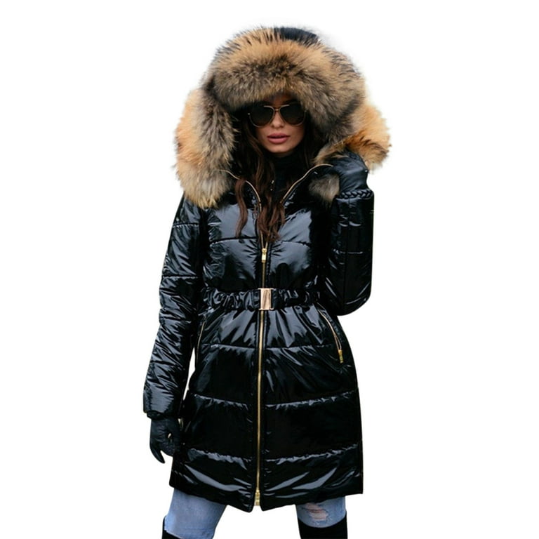 Entyinea Womens Casual Puffer Jacket Lined Thick Overcoat Hooded Puffer  Jacket Zipper Parka Coat Black S 