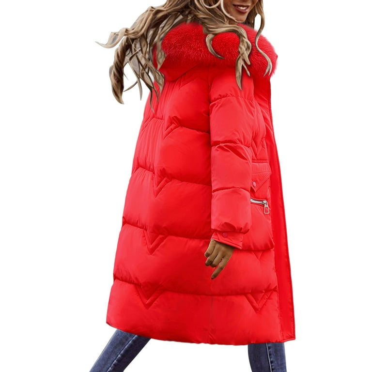 Entyinea Womens Casual Puffer Jacket Waterproof Warm Long-Sleeve Puffer  Jacket Parka Red XL 