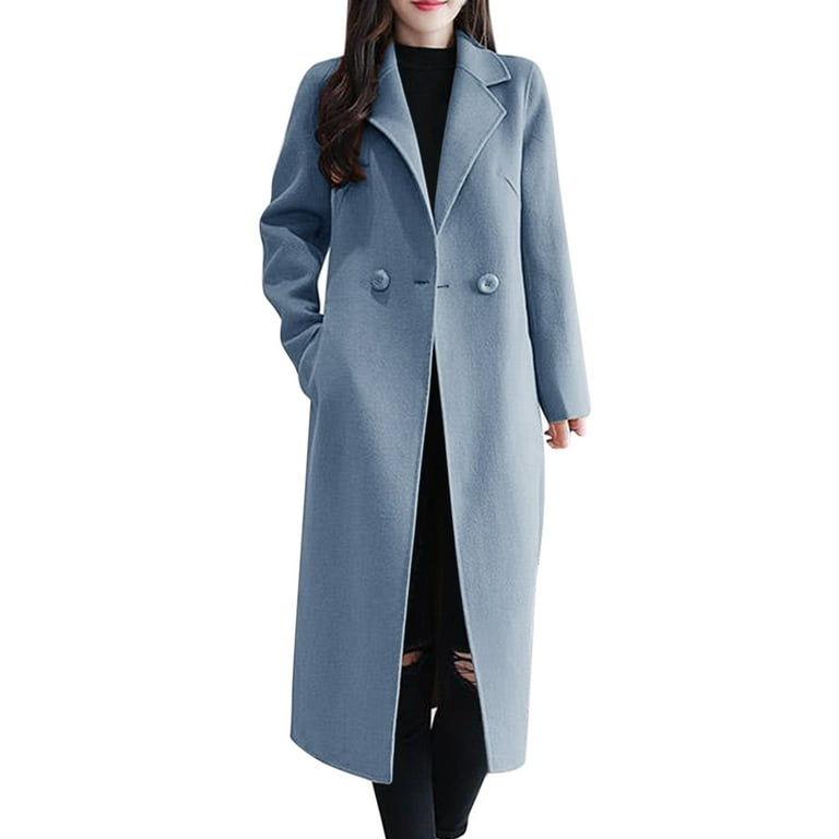 Entyinea Womens Classic Coat Windproof and Waterproof Single Mid Length  Dress Coat with Adjustable Belt Blue L 
