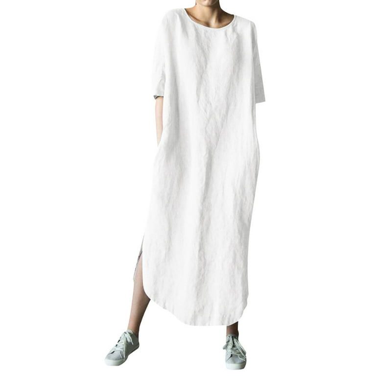 Entyinea Womens Cotton Linen Dresses Casual Crew Neck Short Sleeve Solid  Color Long Dress White 5XL 