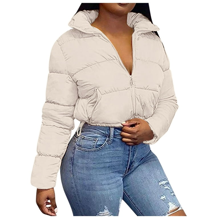 Entyinea Womens Cropped Puffer Jacket Ultra Light Weight Packable  Long-Sleeve Jacket Beige S 