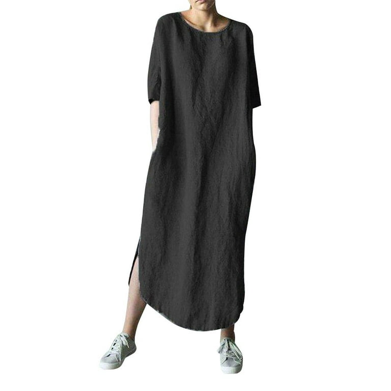 Entyinea Womens Dresses Casual Oversize Solid Color Cotton Linen O-Neck  Short Sleeve Dress Black L 