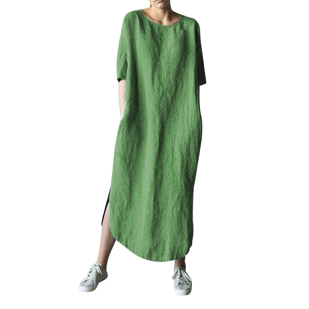 Entyinea Womens Dresses Casual Oversize Solid Color Cotton Linen O-Neck  Short Sleeve Dress Grey XXL 