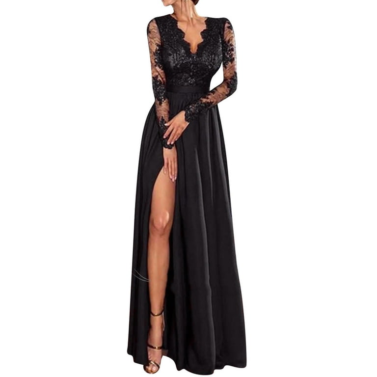 Entyinea Womens Dresses Fashion Deep V Neck Lace Long Sleeve Bridesmaid  Wedding Dresses Black M 