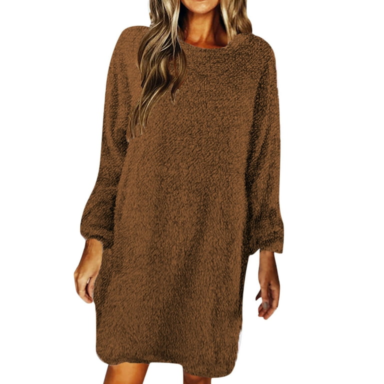 Entyinea Womens Fashion Sweater Dress Mid Length Loose Casual Sweater Solid  Dress Brown XL 